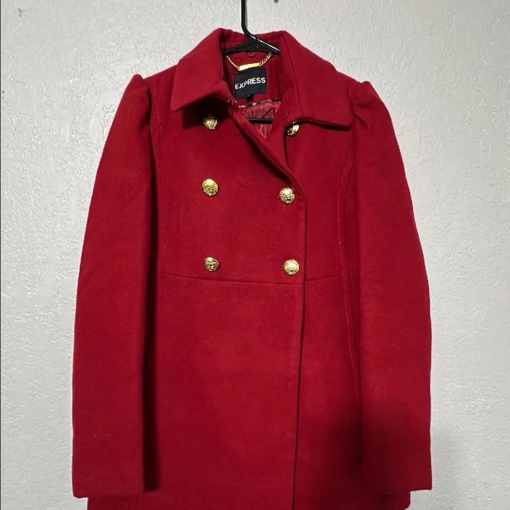 Express Women's Scarlet Pea Coat with Gold Buttons